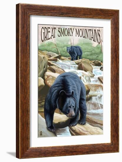 Black Bears Fishing - Great Smoky Mountains-Lantern Press-Framed Art Print