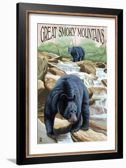 Black Bears Fishing - Great Smoky Mountains-Lantern Press-Framed Art Print