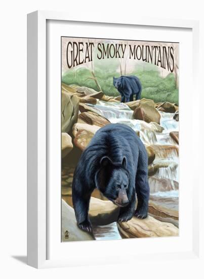 Black Bears Fishing - Great Smoky Mountains-Lantern Press-Framed Art Print