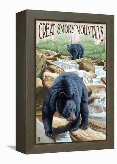 Black Bears Fishing - Great Smoky Mountains-Lantern Press-Framed Stretched Canvas