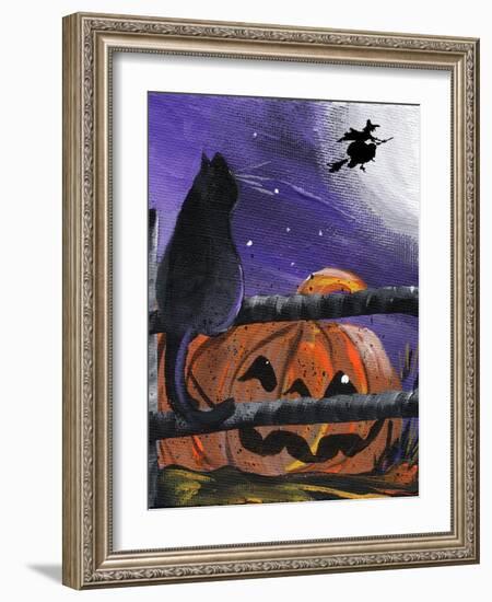 Black Cat in Pumpkin Patch Halloween-sylvia pimental-Framed Art Print