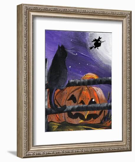 Black Cat in Pumpkin Patch Halloween-sylvia pimental-Framed Art Print