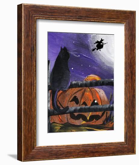 Black Cat in Pumpkin Patch Halloween-sylvia pimental-Framed Art Print