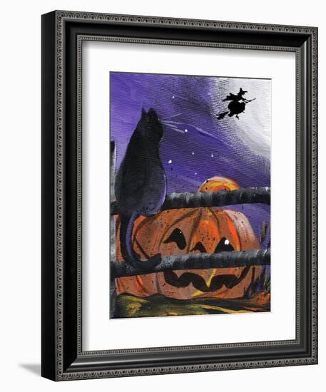 Black Cat in Pumpkin Patch Halloween-sylvia pimental-Framed Art Print