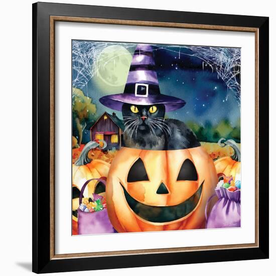 Black Cat in Pumpkin-Nicole DeCamp-Framed Art Print