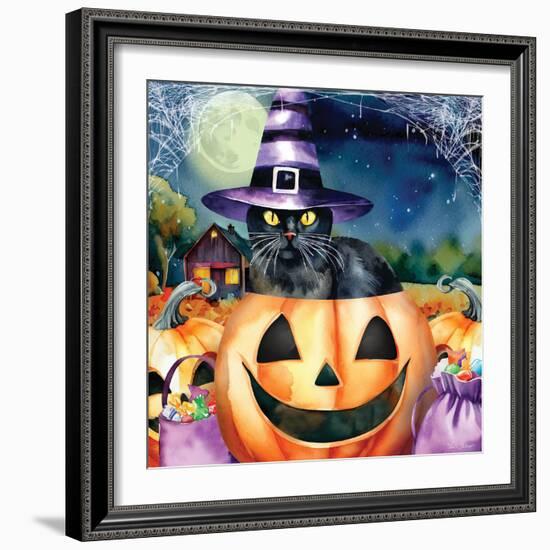 Black Cat in Pumpkin-Nicole DeCamp-Framed Art Print