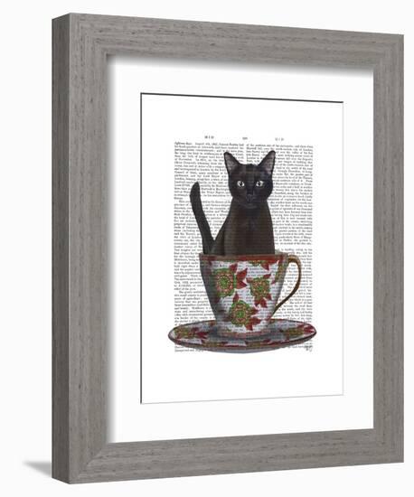 Black Cat in Teacup-Fab Funky-Framed Art Print