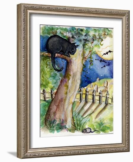 Black Cat Sitting in Tree Bats & Full Moon-sylvia pimental-Framed Art Print