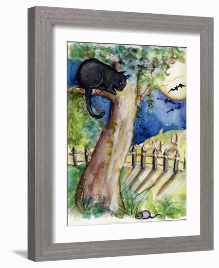 Black Cat Sitting in Tree Bats & Full Moon-sylvia pimental-Framed Art Print