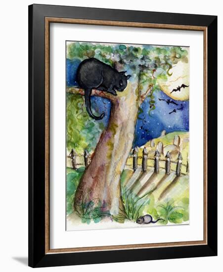 Black Cat Sitting in Tree Bats & Full Moon-sylvia pimental-Framed Art Print