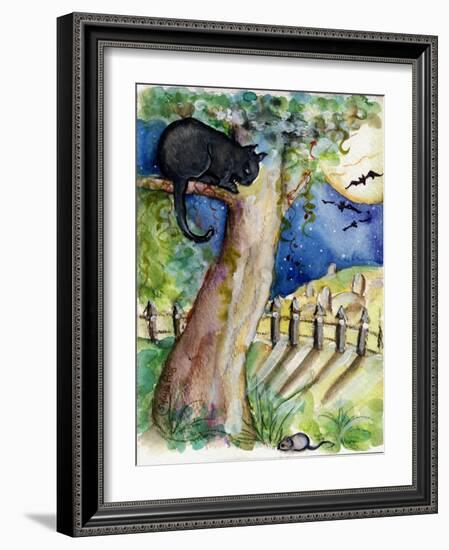 Black Cat Sitting in Tree Bats & Full Moon-sylvia pimental-Framed Art Print