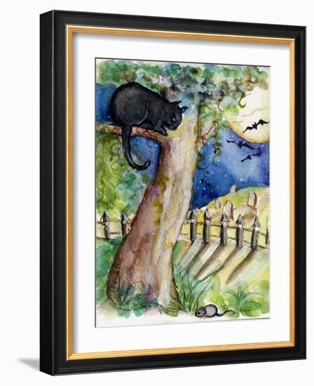 Black Cat Sitting in Tree Bats & Full Moon-sylvia pimental-Framed Art Print