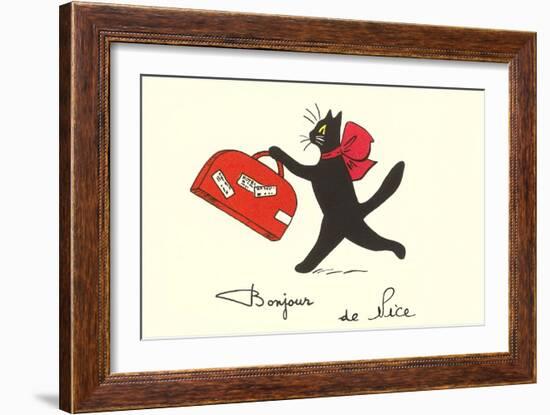 Black Cat with Suitcase, French Greetings from Nice-null-Framed Art Print