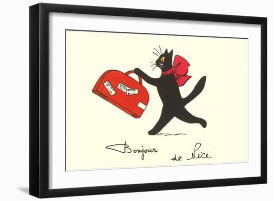 Black Cat with Suitcase, French Greetings from Nice-null-Framed Art Print