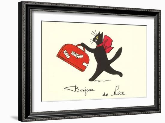 Black Cat with Suitcase, French Greetings from Nice-null-Framed Art Print