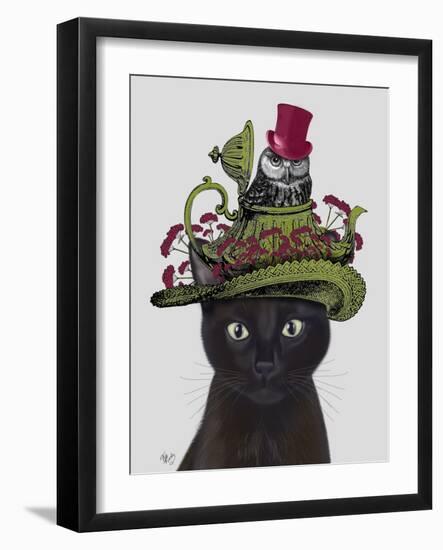 Black Cat with Teapot and Owl-Fab Funky-Framed Art Print