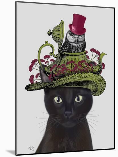Black Cat with Teapot and Owl-Fab Funky-Mounted Art Print