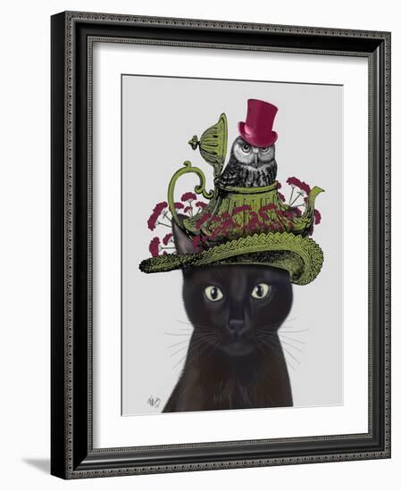 Black Cat with Teapot and Owl-Fab Funky-Framed Art Print