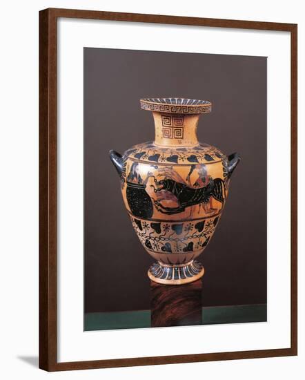 Black-Figure Pottery, Hydria Depicting Heracles Arriving in Hades Leading Cerberus-null-Framed Giclee Print