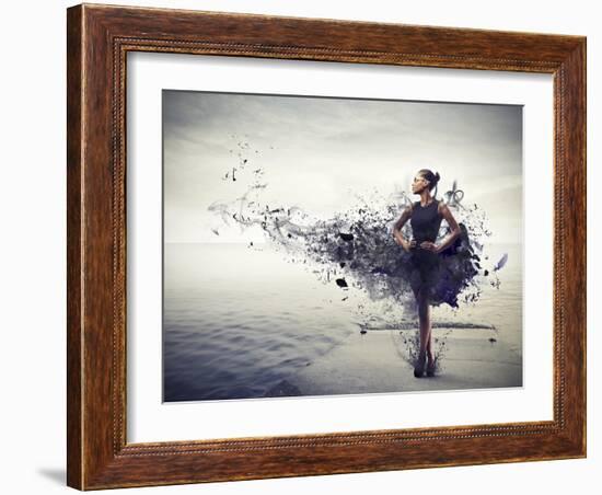 Black Girl, with a Black Dress Which Becomes Paint, Standing on a Pier-olly2-Framed Art Print