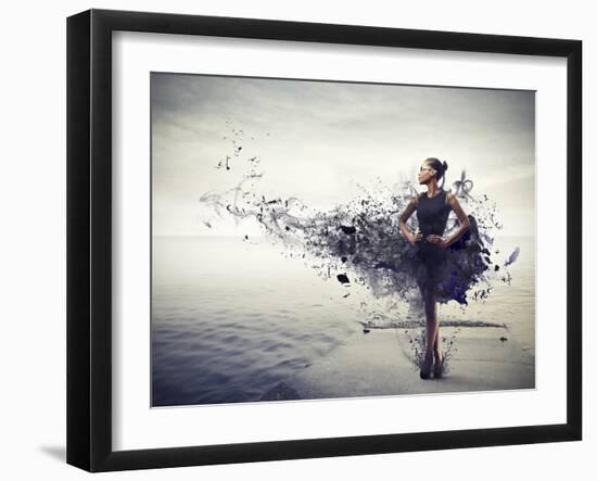 Black Girl, with a Black Dress Which Becomes Paint, Standing on a Pier-olly2-Framed Art Print