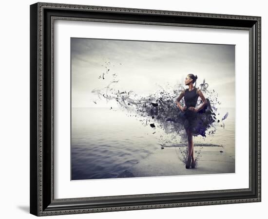 Black Girl, with a Black Dress Which Becomes Paint, Standing on a Pier-olly2-Framed Art Print