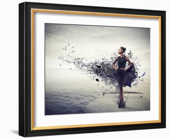 Black Girl, with a Black Dress Which Becomes Paint, Standing on a Pier-olly2-Framed Art Print