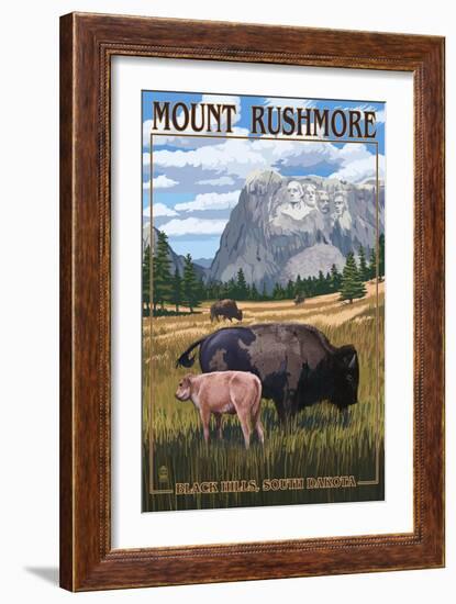 Black Hills, South Dakota - Bison Grazing-Lantern Press-Framed Premium Giclee Print