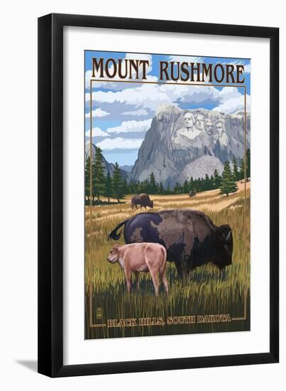 Black Hills, South Dakota - Bison Grazing-Lantern Press-Framed Premium Giclee Print