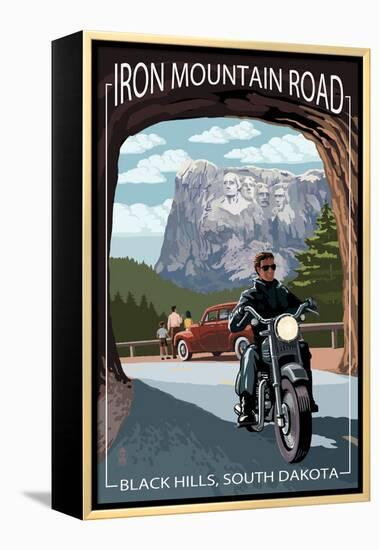 Black Hills, South Dakota - Iron Mountain Road Biker Scene-Lantern Press-Framed Stretched Canvas