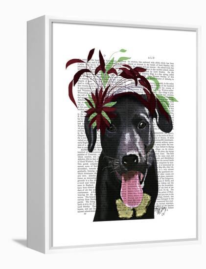 Black Labrador with Green Fascinator-Fab Funky-Framed Stretched Canvas