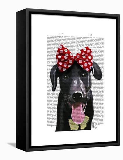 Black Labrador with Red Bow on Head-Fab Funky-Framed Stretched Canvas