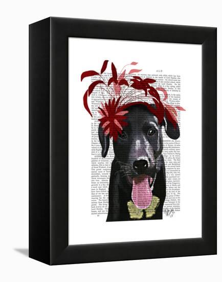 Black Labrador with Red Fascinator-Fab Funky-Framed Stretched Canvas