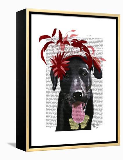 Black Labrador with Red Fascinator-Fab Funky-Framed Stretched Canvas