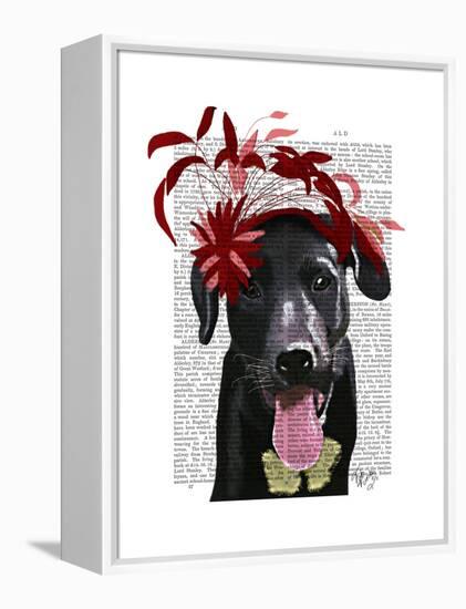 Black Labrador with Red Fascinator-Fab Funky-Framed Stretched Canvas