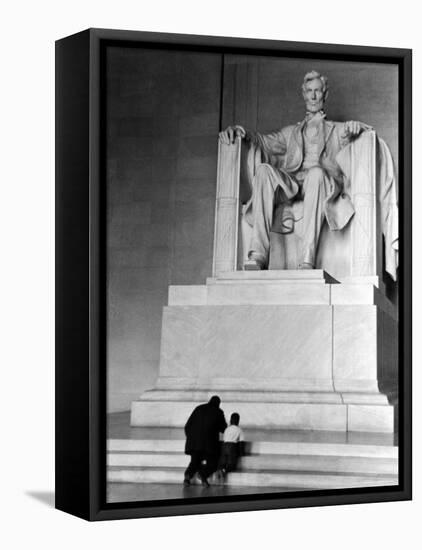 Black Man and Small Boy Kneeling Prayerfully on Steps on Front of Statue in the Lincoln Memorial-Thomas D^ Mcavoy-Framed Premier Image Canvas
