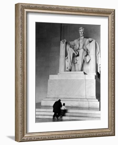 Black Man and Small Boy Kneeling Prayerfully on Steps on Front of Statue in the Lincoln Memorial-Thomas D^ Mcavoy-Framed Photographic Print