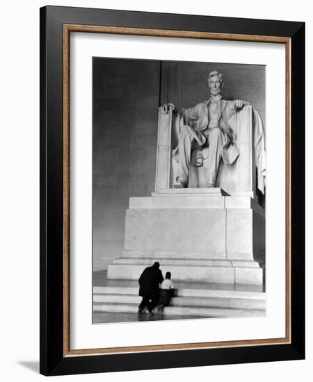 Black Man and Small Boy Kneeling Prayerfully on Steps on Front of Statue in the Lincoln Memorial-Thomas D^ Mcavoy-Framed Photographic Print