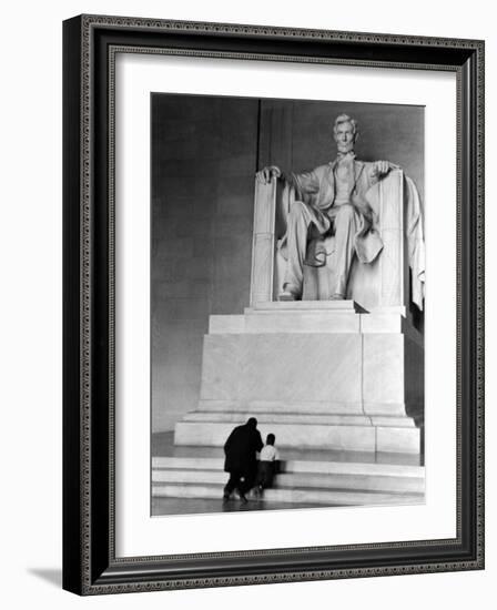 Black Man and Small Boy Kneeling Prayerfully on Steps on Front of Statue in the Lincoln Memorial-Thomas D^ Mcavoy-Framed Photographic Print