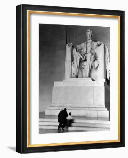 Black Man and Small Boy Kneeling Prayerfully on Steps on Front of Statue in the Lincoln Memorial-Thomas D^ Mcavoy-Framed Photographic Print