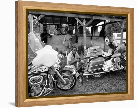 Black Motorcyclist of the Big Circle Motorcycle Association Sitting Between Harley Davidson Bikes-John Shearer-Framed Premier Image Canvas