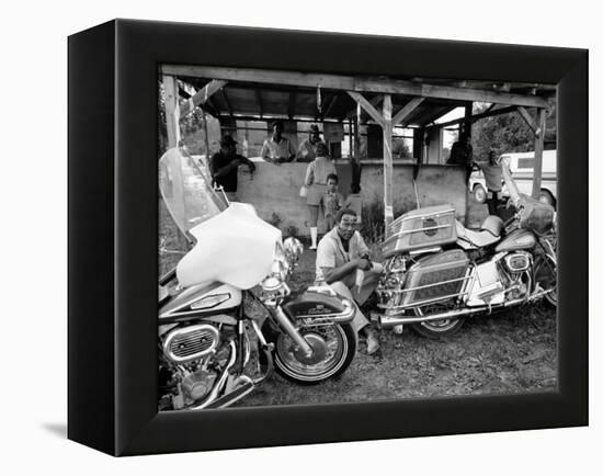 Black Motorcyclist of the Big Circle Motorcycle Association Sitting Between Harley Davidson Bikes-John Shearer-Framed Premier Image Canvas