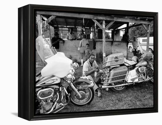 Black Motorcyclist of the Big Circle Motorcycle Association Sitting Between Harley Davidson Bikes-John Shearer-Framed Premier Image Canvas