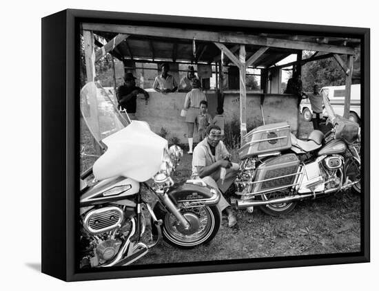 Black Motorcyclist of the Big Circle Motorcycle Association Sitting Between Harley Davidson Bikes-John Shearer-Framed Premier Image Canvas