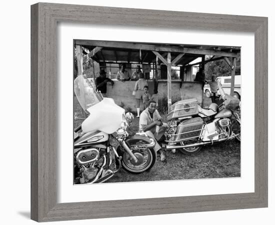 Black Motorcyclist of the Big Circle Motorcycle Association Sitting Between Harley Davidson Bikes-John Shearer-Framed Photographic Print