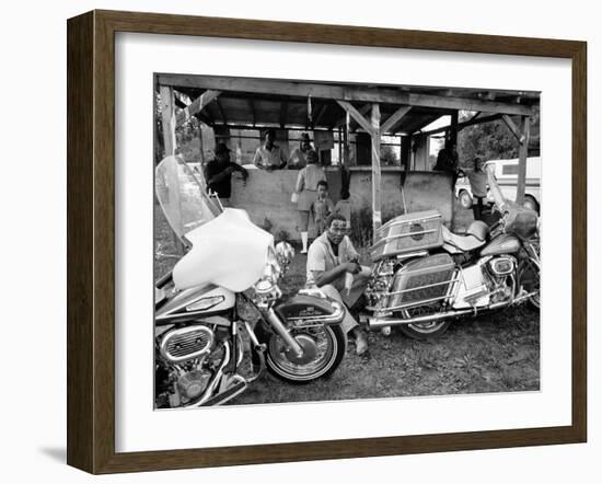 Black Motorcyclist of the Big Circle Motorcycle Association Sitting Between Harley Davidson Bikes-John Shearer-Framed Photographic Print