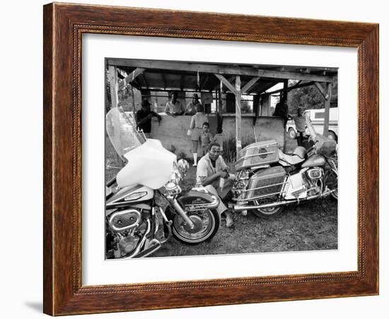 Black Motorcyclist of the Big Circle Motorcycle Association Sitting Between Harley Davidson Bikes-John Shearer-Framed Photographic Print