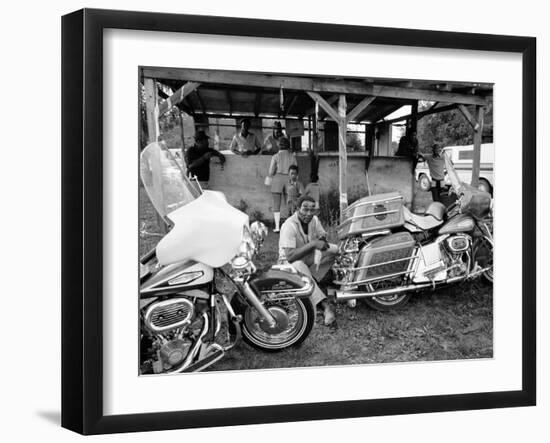 Black Motorcyclist of the Big Circle Motorcycle Association Sitting Between Harley Davidson Bikes-John Shearer-Framed Photographic Print