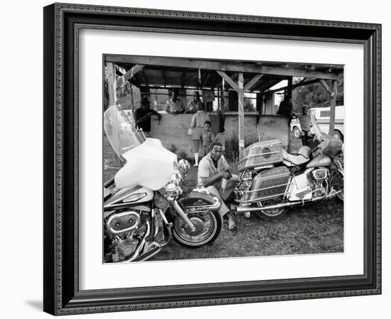 Black Motorcyclist of the Big Circle Motorcycle Association Sitting Between Harley Davidson Bikes-John Shearer-Framed Photographic Print