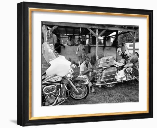 Black Motorcyclist of the Big Circle Motorcycle Association Sitting Between Harley Davidson Bikes-John Shearer-Framed Photographic Print